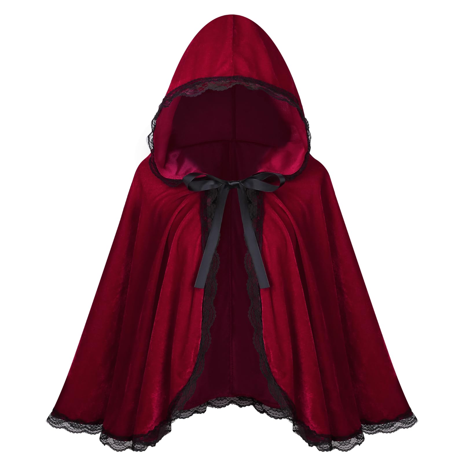 DELIVESS Little Red Riding Hood Cloak Women Halloween Christmas Retro Performance Fancy Hooded Cloak (23.62", Wine Red Black Lace)