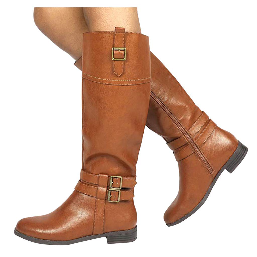Stivaletti Vintage Stivali con Pelo Scarpe Donna Stivali Tacco Stivaletti Donna Stivali Donna Moda Slip-On in Pelle con Tacco Basso Scarpa sopra Il Ginocchio Cowboy Knight (40,Marrone)