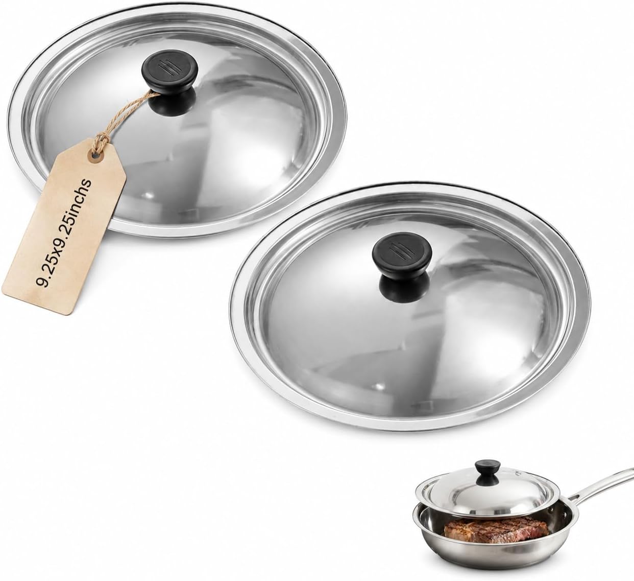 Zerodeko 2-Pack 9.25 Inch Stainless Steel Pan Lid Replacement for Frying Pans Skillets and Stock Pots Universal Heat-Resistant Pot Covers for Kitchen Cooking