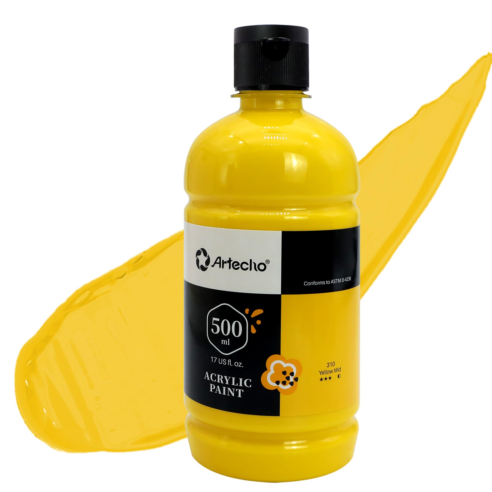Artecho Yellow Mid Acrylic Paint - Large Bottle 500ml /17oz, Craft Paint for Canvas, Rocks, Wood, Fabric, Ceramic, Non-Toxic