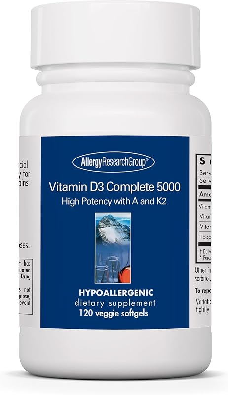 Allergy Research Group Vitamin D3 Complete 5000 - Delivers 125 mcg Vitamin D3 - with Vitamin A & K2 - Supports Bone Strength, Immune Balance & Healthy Mindset - 120 Servings - 120 Capsules
