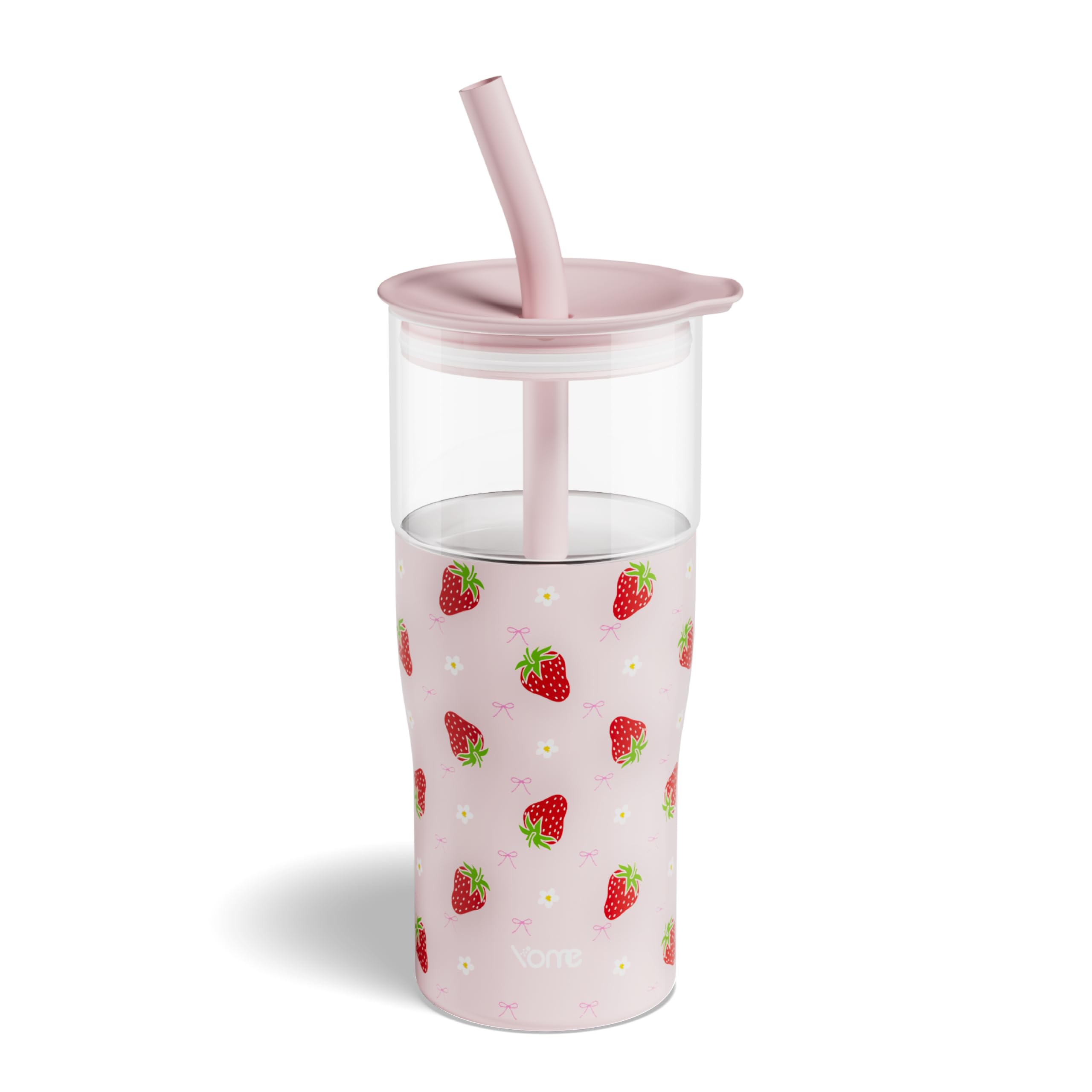 YOME 20oz Strawberry Pink Insulated Glass Tumbler with Lid &amp; Straw for Women Gift | Stainless Steel Iced Coffee Cup | Keep Drinks Cold |Cupholder Friendly |Ideal for Iced Coffee, Smoothies &amp; Boba