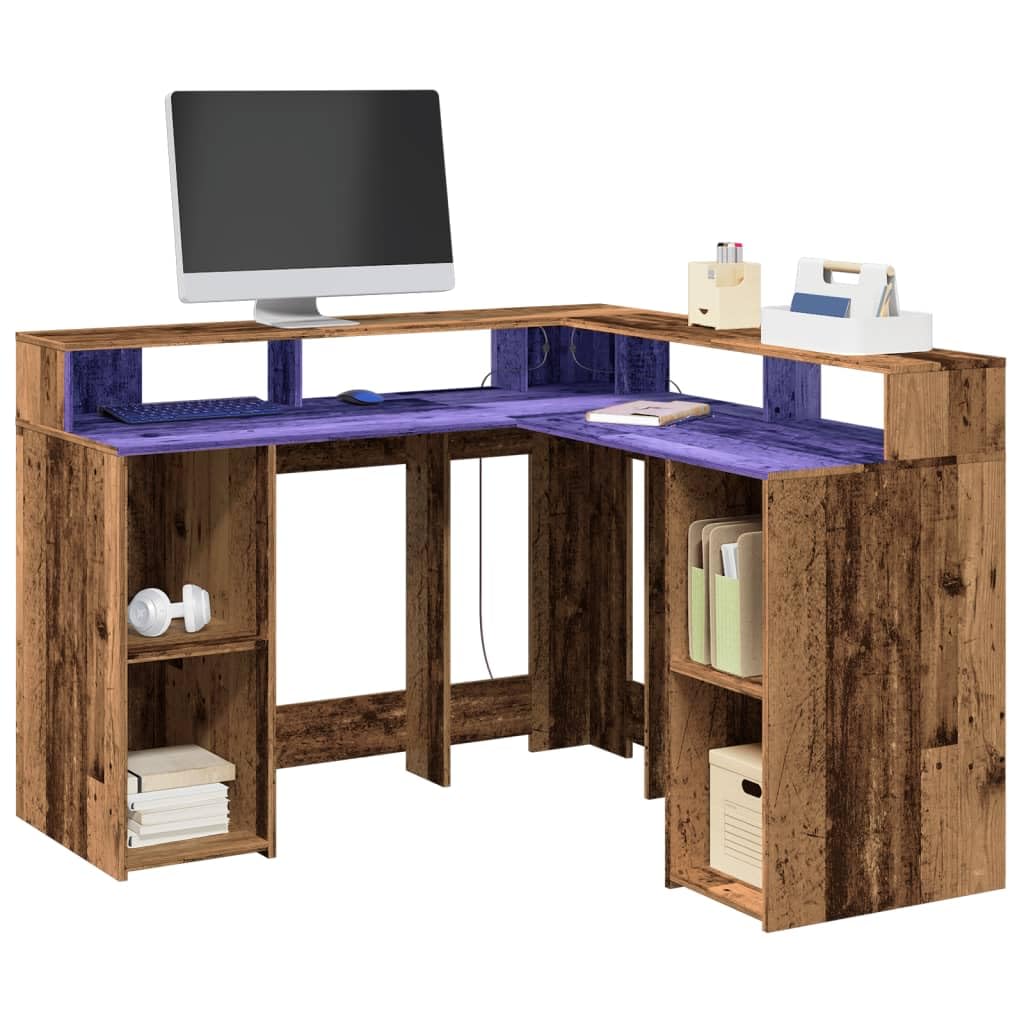 Scrivania con Libreria, Scrivania Salvaspazio, Scrivania Angolare, Scrivania con Cassetti, Scrivania con Luci LED in Truciolato Legno Antico 130x130x91 cm