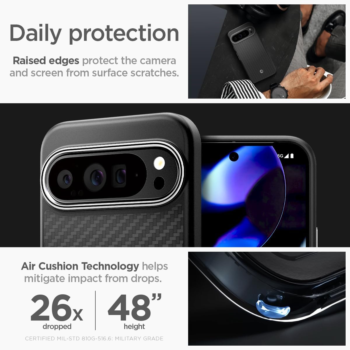 Spigen Enzo Aramid Case features: raised edges, Air Cushion Technology, drop protection