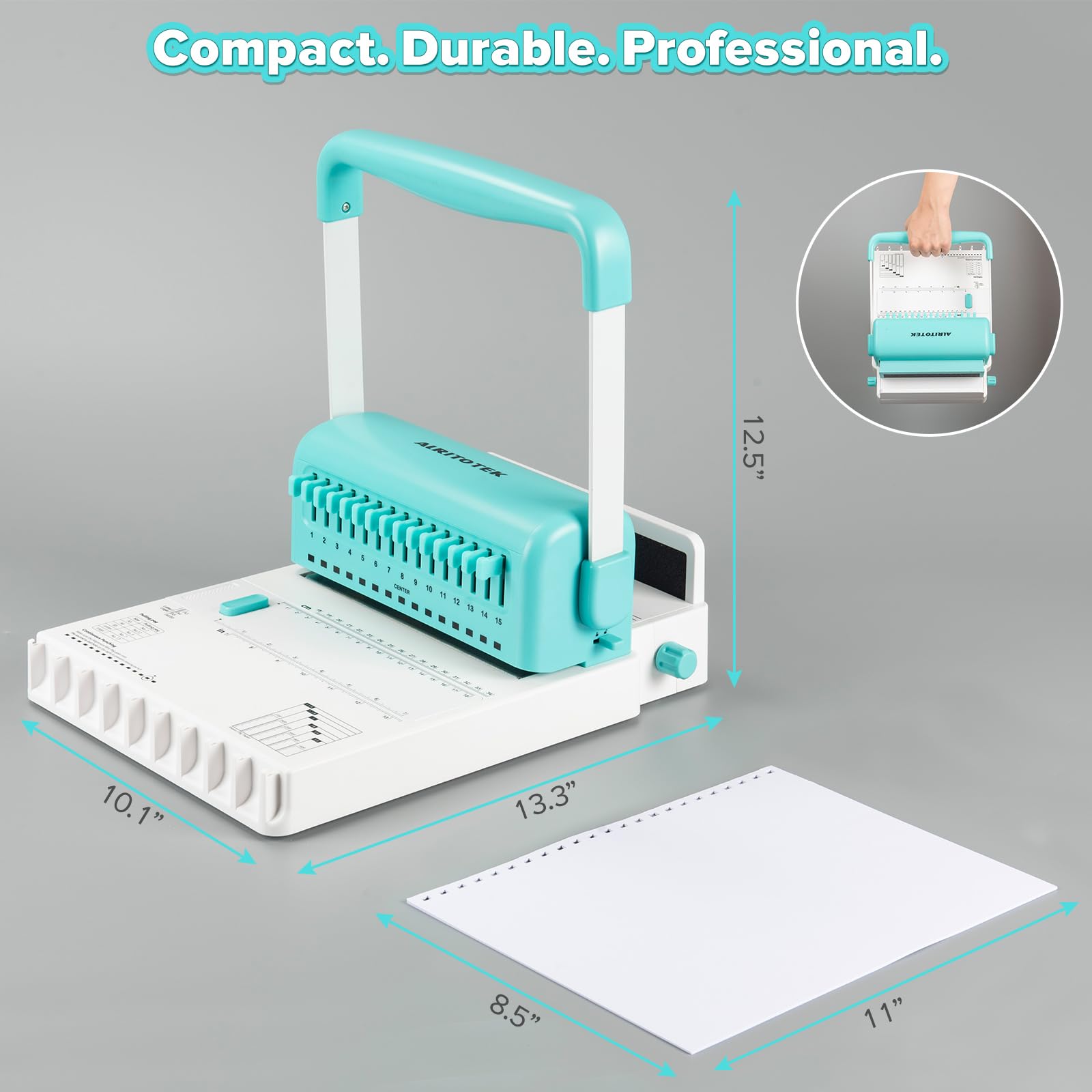 Rilegatrice professionale passo 2:1 con 15 fustelle disinnestabili, capacità perforatrice da 20 a 25 fogli, kit di rilegatura portatile con 10 fili da 1,6 cm, perfetta per quaderni, riviste, album e