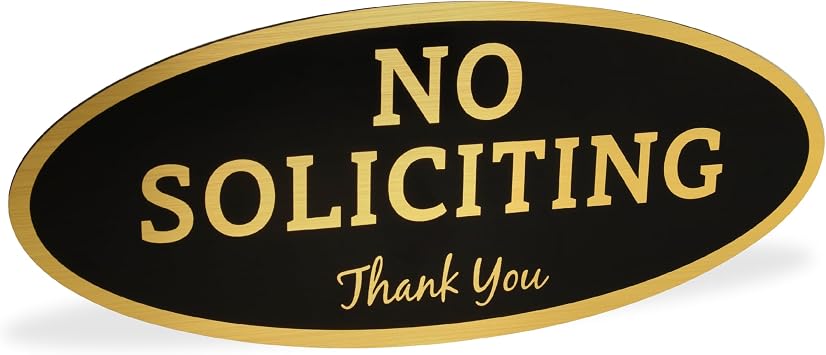 ExcelMark No Soliciting Sign for House or Business Durable Indoor/Outdoor Sign Easily Attach to Front Door - UV and Weather Resistant Small - 2"x 5", Black with Gold Letters