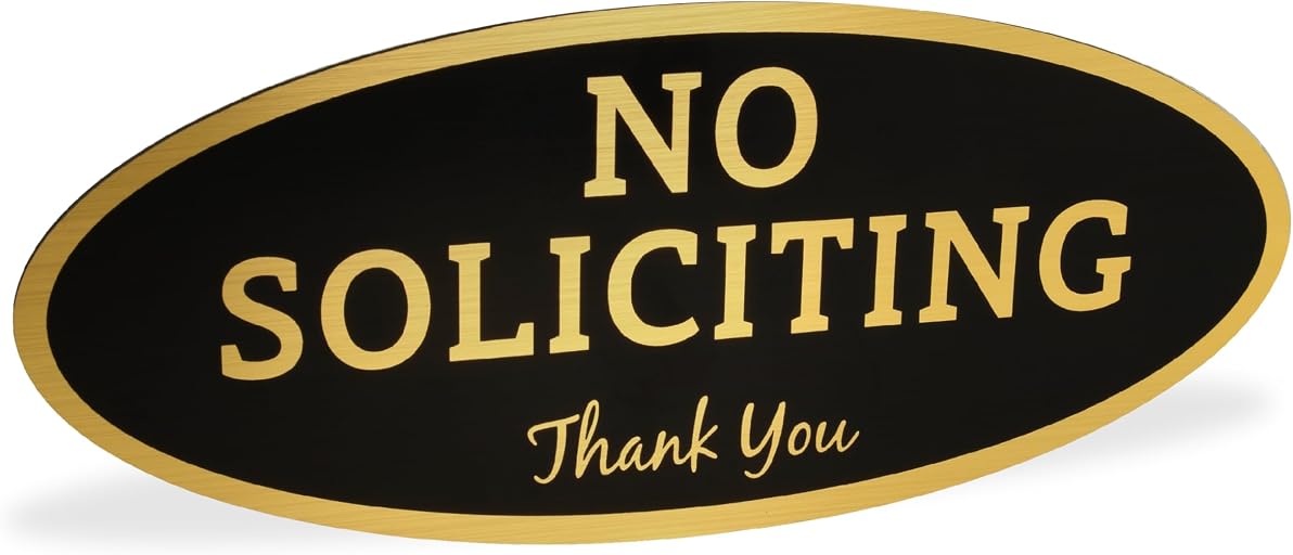 ExcelMark No Soliciting Sign for House or Business – Durable Indoor/Outdoor Sign – Easily Attach to Front Door - UV and Weather Resistant (Small - 2"x 5", Black with Gold Letters)