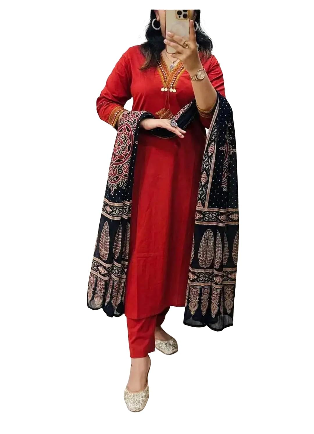 Women Black Kurta Set with Red Printed Dupatta (IN, Alpha, M, Regular, Red)