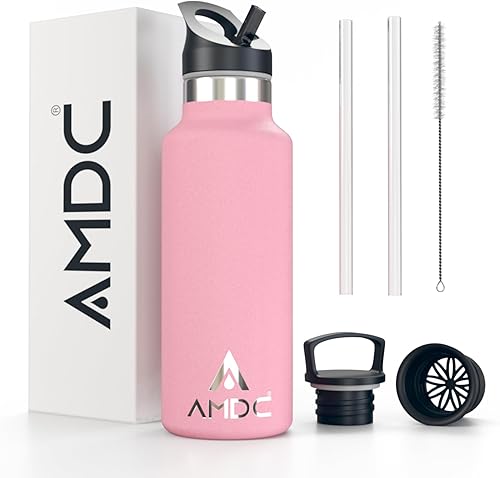 AMDC Botellas de agua de doble pared de acero inoxidable, con tapa con popote, botella de agua aislada al vacío mantiene el agua fría durante 24 AMDC Botellas de agua de doble pared de acero inoxidable, con tapa con popote, botella de agua aislada al vacío mantiene el agua fría durante 24