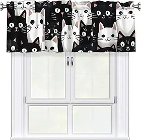 Cortina com bolso de haste curta, gatos com olhos grandes, cortinas de decoração de janela para cozinha, sala de estar, quarto, 1 painel, 137 cm L x 45 cm C