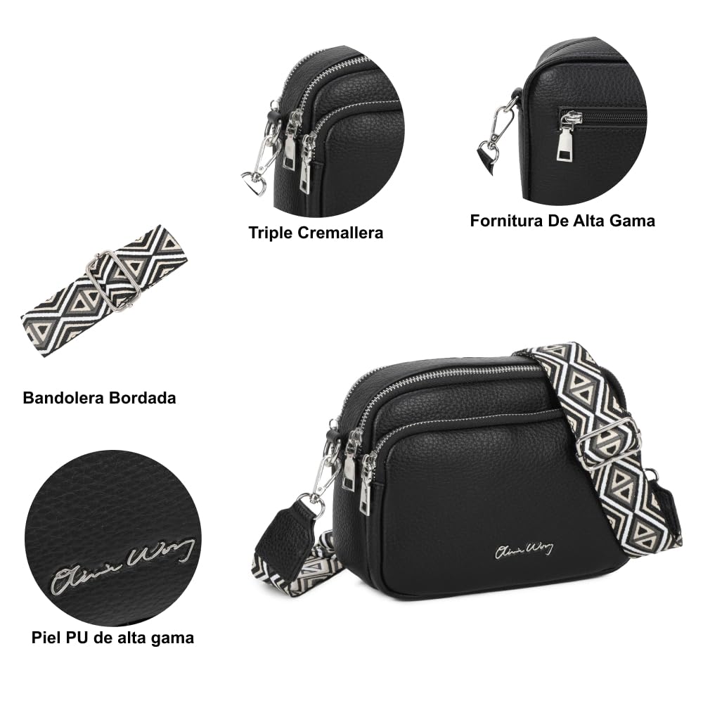 Bolso bandolera mujer pequeño de cuero PU tres compartimentos y dos bandoleras, bolso mensajero para cruzar polipiel regalo original para mujer