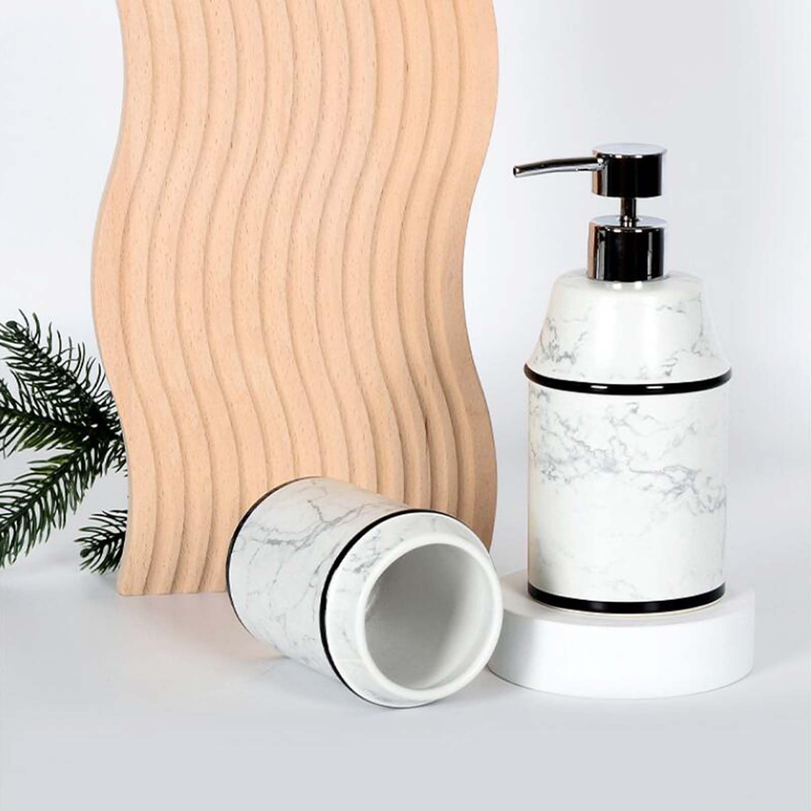 Set Dispensador De Jabón Marmoleado, Set De Baño De Cerámica, con Porta Cepillo De Dientes, Dispensador De Jabón, Jabonera, para La Zona De Lavado.,Blanco