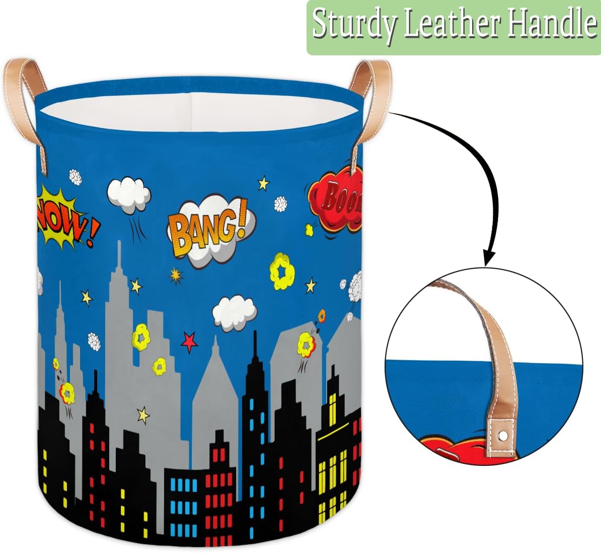 Kids Laundry Hamper Basket - Large Nursery Baby Hamper with Leather Handle for Boys Girls Collapsible Clothes Baskets Organizer Toy Storage Bin Home Room Decor(Comic Building Silhouettes)