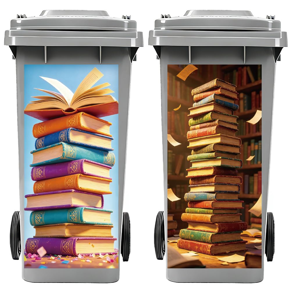 Peacoblue 2Pcs Wheelie Bin Stickers Pile of Books for Dustbin Decorative — image 1