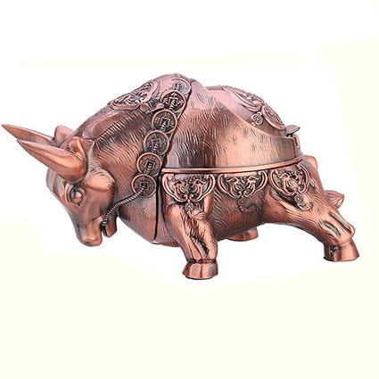 K COOL Vintage Windproof Bull Ashtray for Cigarettes with Lid Metal Portable Decorative Ashtray Indoor Outdoor Hand Carved Nice Gift Ornament for Women Men (Red Bronze)