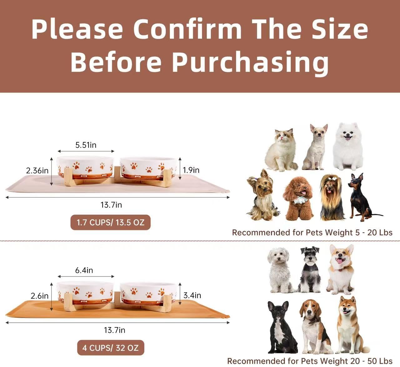 Ceramic Dog Bowls, 3.5 Cups Dog Food and Water Bowl Set for Medium Dogs with Wooden Stand and Non-Slip Silicone Food Mat, Weighted Embossed Cute Puppy Bowls Feeding Dishes Set of 2, 32 OZ - Image 2