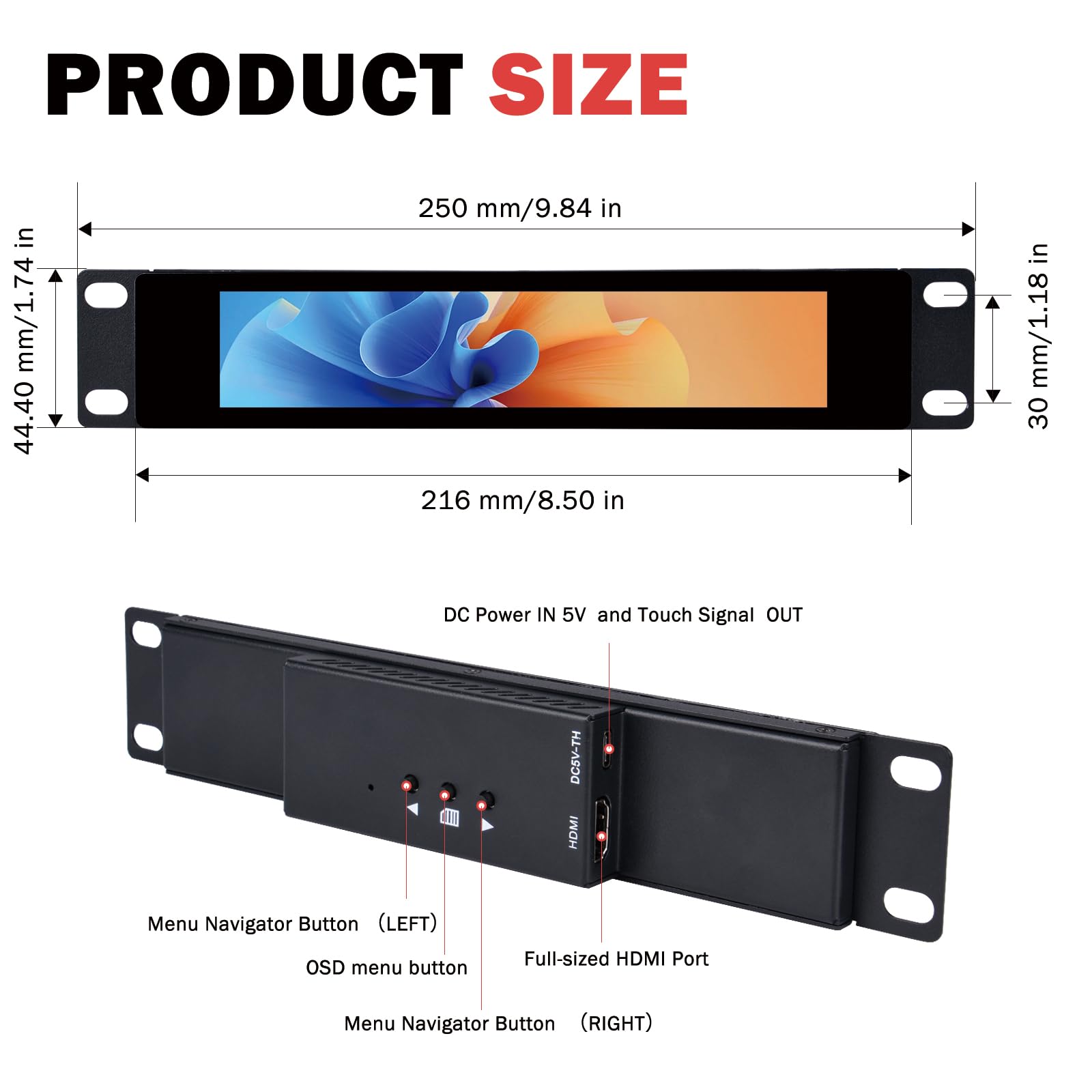 GeeekPi 17.55 cm 1424x280 pantalla táctil LCD 1U Rack Monitores para DeskPi RackMate T0/T1/T2/T0 Plus/T1 Plus/TL1 Servidor Gabinete y 10 "Servidor Rack
