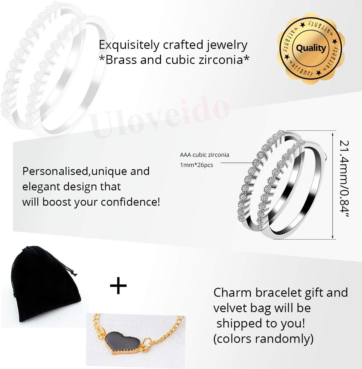 Uloveido Women's Platinum Plated Cubic Zirconia Double Eternity Bands Enhancer Wedding Engagement Ring Guard Y503