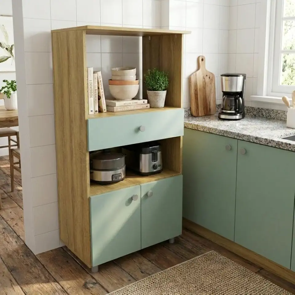 Balcão Armário Multiuso para Forno 2 Portas 1 Gaveta 60cm Cor Carvalho/verde - Mademóvel
