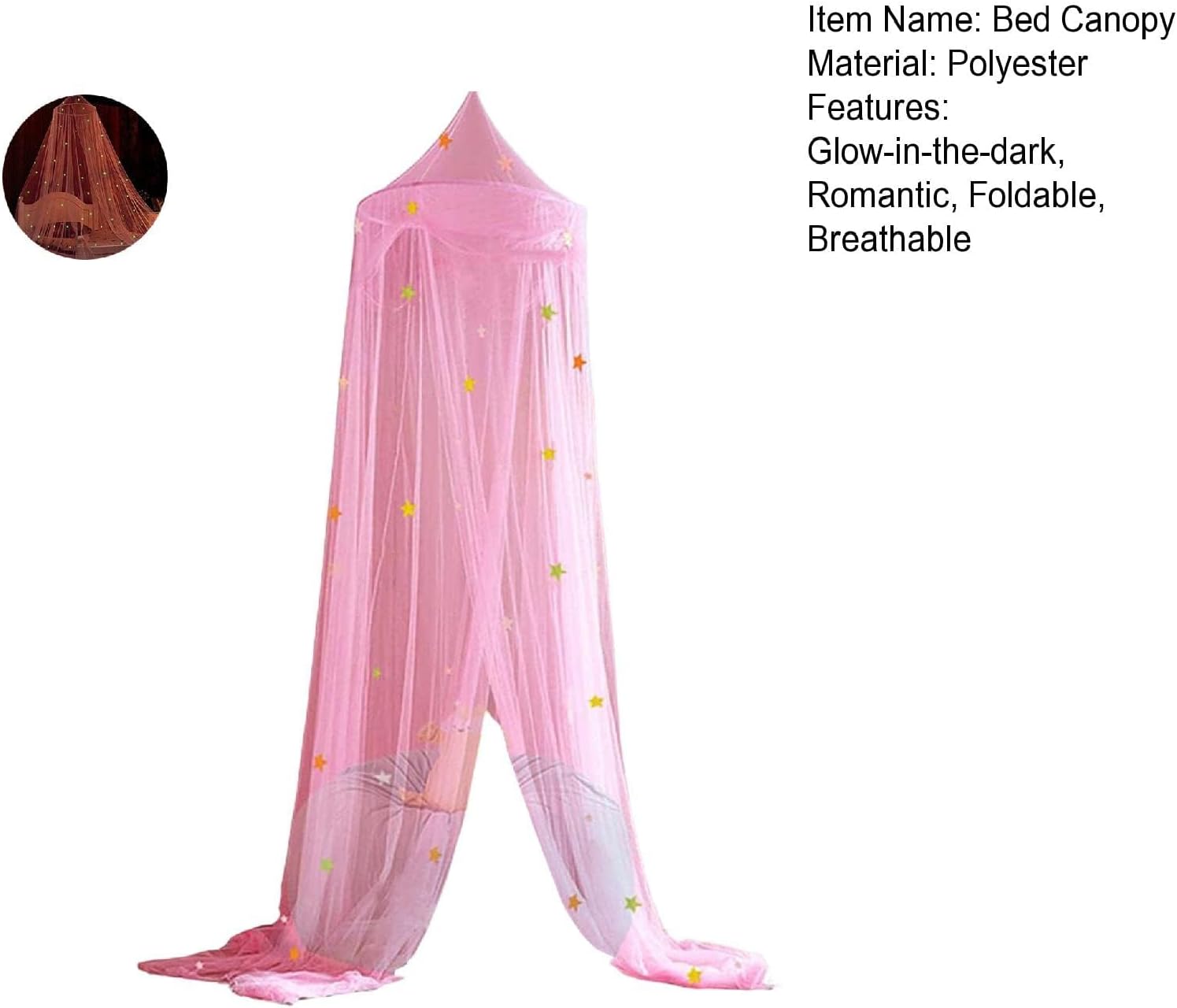 Mosquito Net for Bed Canopy with Fluorescent Stars Glow in Dark for Kids Glow in Dark Hanging Bed Dome Canopy (Pink Small)