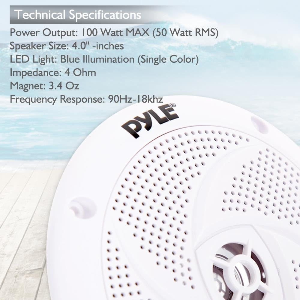 Low-Profile Waterproof Marine Speakers - 240W 6.5 Inch 2 Way 1 Pair Slim Style Waterproof Weather Resistant Outdoor Audio Stereo Sound System w/Blue Illuminating LED Lights - Pyle (White) : Electronics
