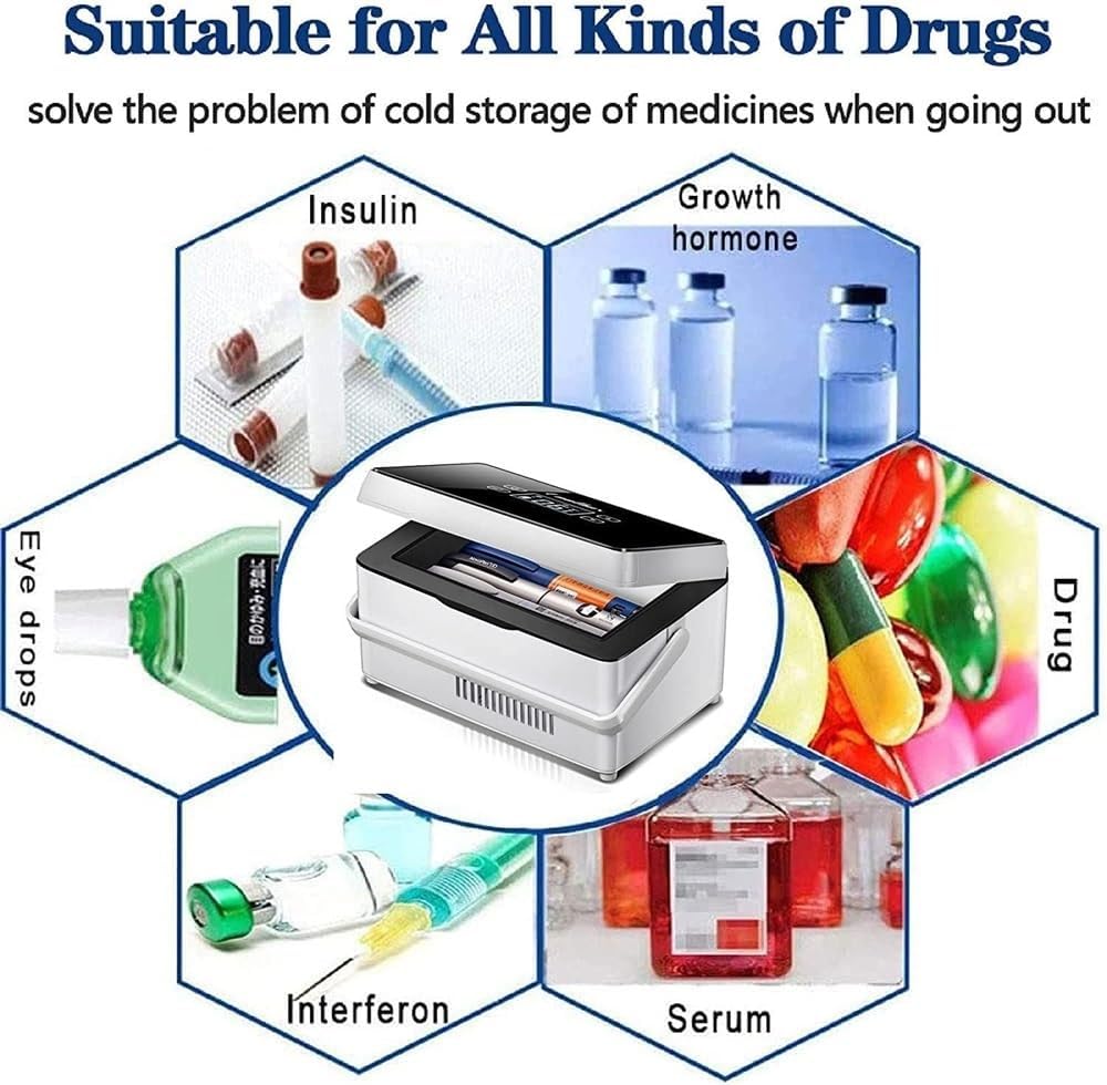 Insulin Cooler Case Diabetic Cooler Box Mini Drug Refrigerator Keeping Cooling 2-8℃ Portable Car Insulin Cooler Box with LCD Screen, Alarm, 2 Battery Pack & USB Chargerable