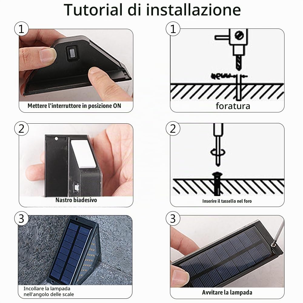 6 Pezzi LED Solare Lampada da Scala, Luci Solari da Giardino, Luce Solare per Scale, luce per scale, lampade a LED da giardino per cortili