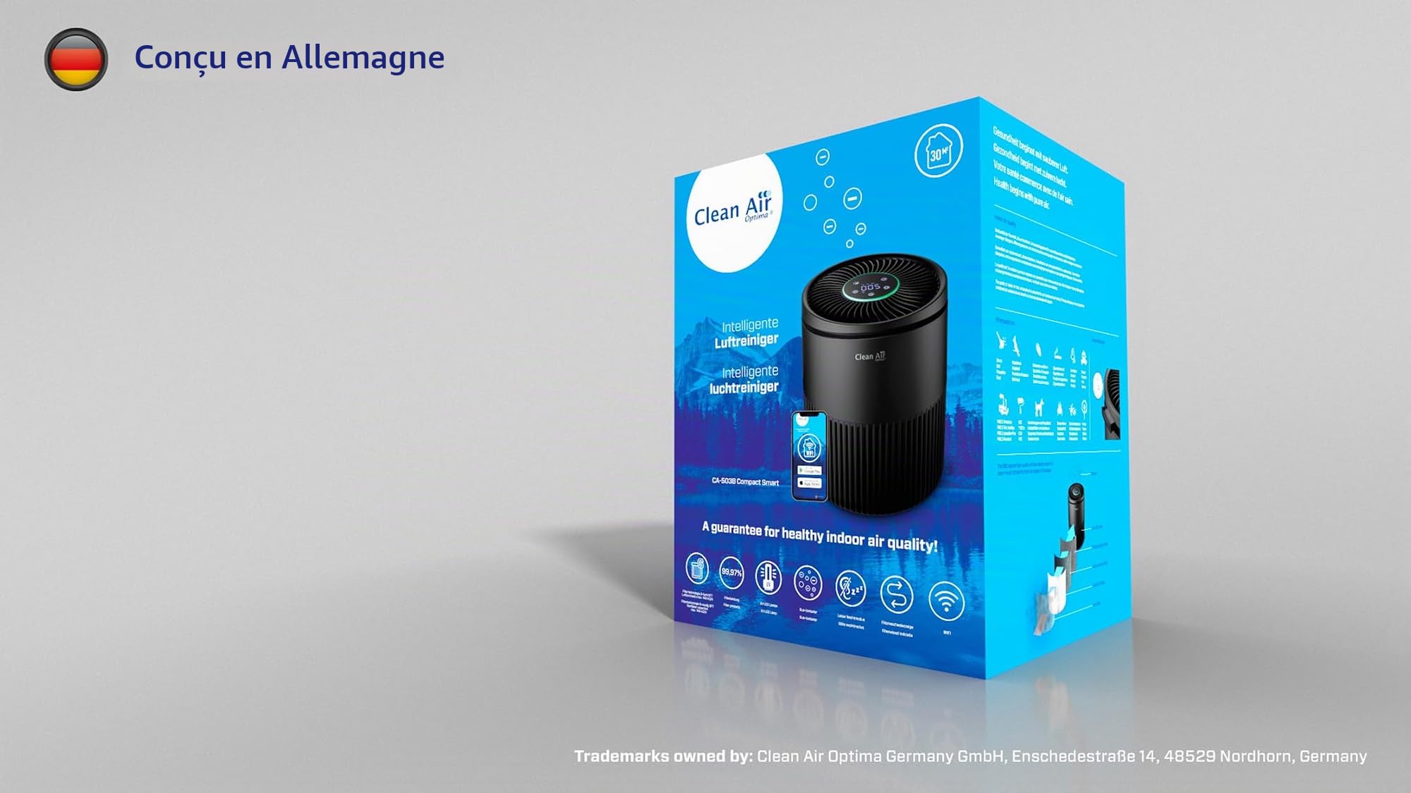 Clean Air Optima - Purificateur d’air HEPA UV et ioniseur intelligent CA-503B Compact Smart - Convient aux pièces jusqu'à 30 m² / 75 m³ - capacité jusqu'à 140m³/h