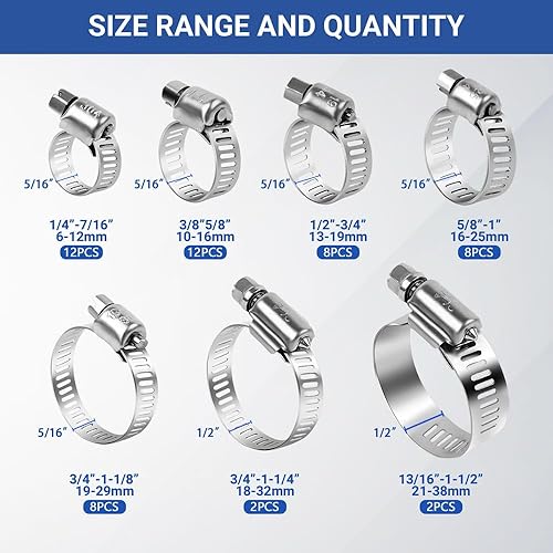 Miniatura 2 de Kit surtido de 52 abrazaderas de manguera  Abrazaderas de manguera de engranaje sin fin de acero inoxidable 304 ajustables de 14 a 1-12 pulgadas