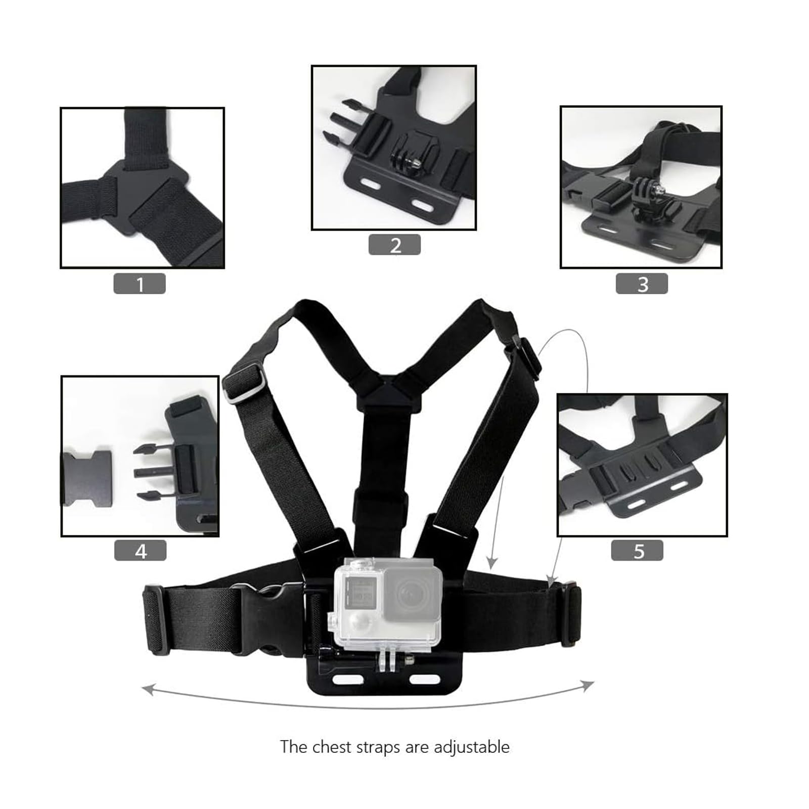 Adjustable Chest Mount Harness for Insta 360 X5 X4 X3 X2 X ACE Pro ONE RS R GO 2 3, Chest Strap Body Mount for Gopro Hero Series and Fusion Max, DJI OSMO Action, AKASO and Most Action Cameras 1