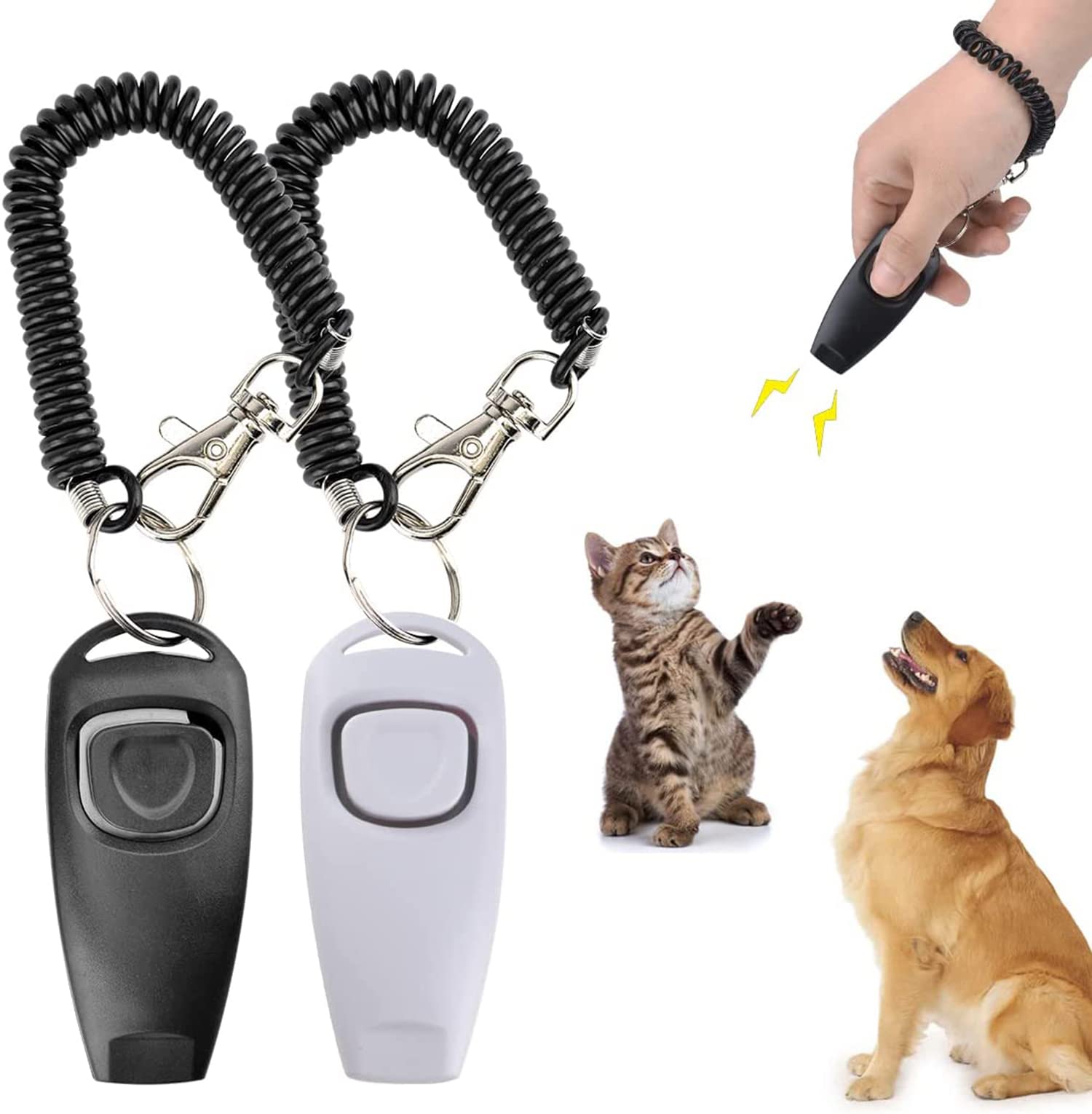 SYOSIDog Training Clickers and Whistle in One, Consistent Positive Reinforcement for Puppies, Fix Undesired Behaviors, Pet Training Clicker for Dog Cats Puppy Birds Horses, 2-Pack(White + Black)