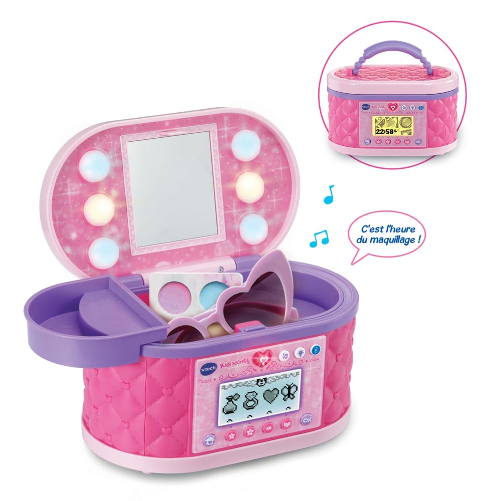 VTech - KidiSecrets Ma Mallette Beauté Magique Rose - Boîte Secrète avec Code, Miroir LED, Bluetooth, Jeux - Vanity Maquillage, Boîte à Bijoux Musicale - Cadeau Enfant Dès 5 Ans - Contenu en Français