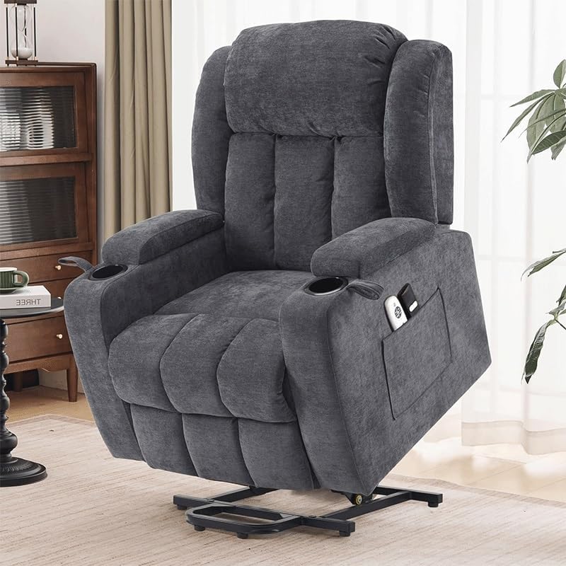 Grey Fabric Power Lift Recliner Chair for Elderly, Electric Lift Recliner Sofa with Massage and Heat, Side Pocket, USB Ports, Remote Control for Living Room