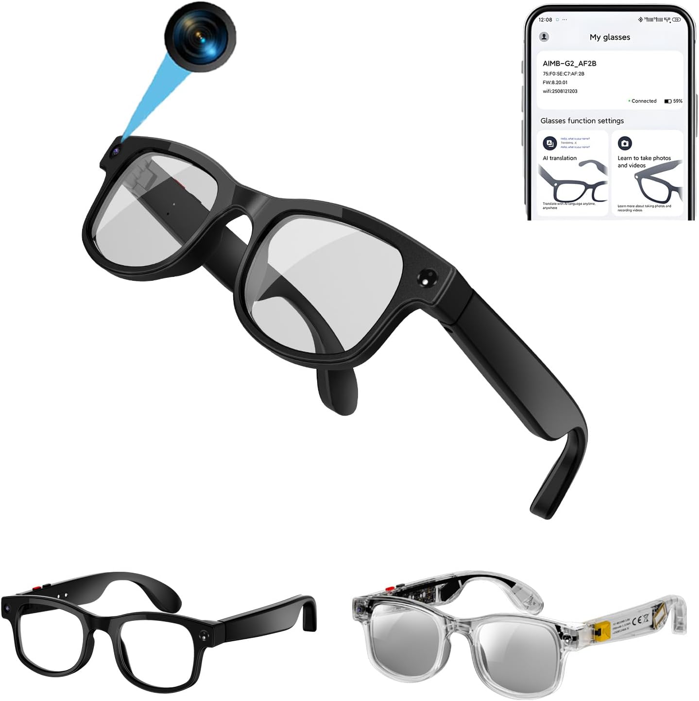 AI Smart Glasses with Camera and Multi-Language Real-Time Translator,Anti-Shake 1200P HD Hands-Free Video Recording, Bluetooth Audio & Noise Reduction for Travel Business Vlogging (Black)