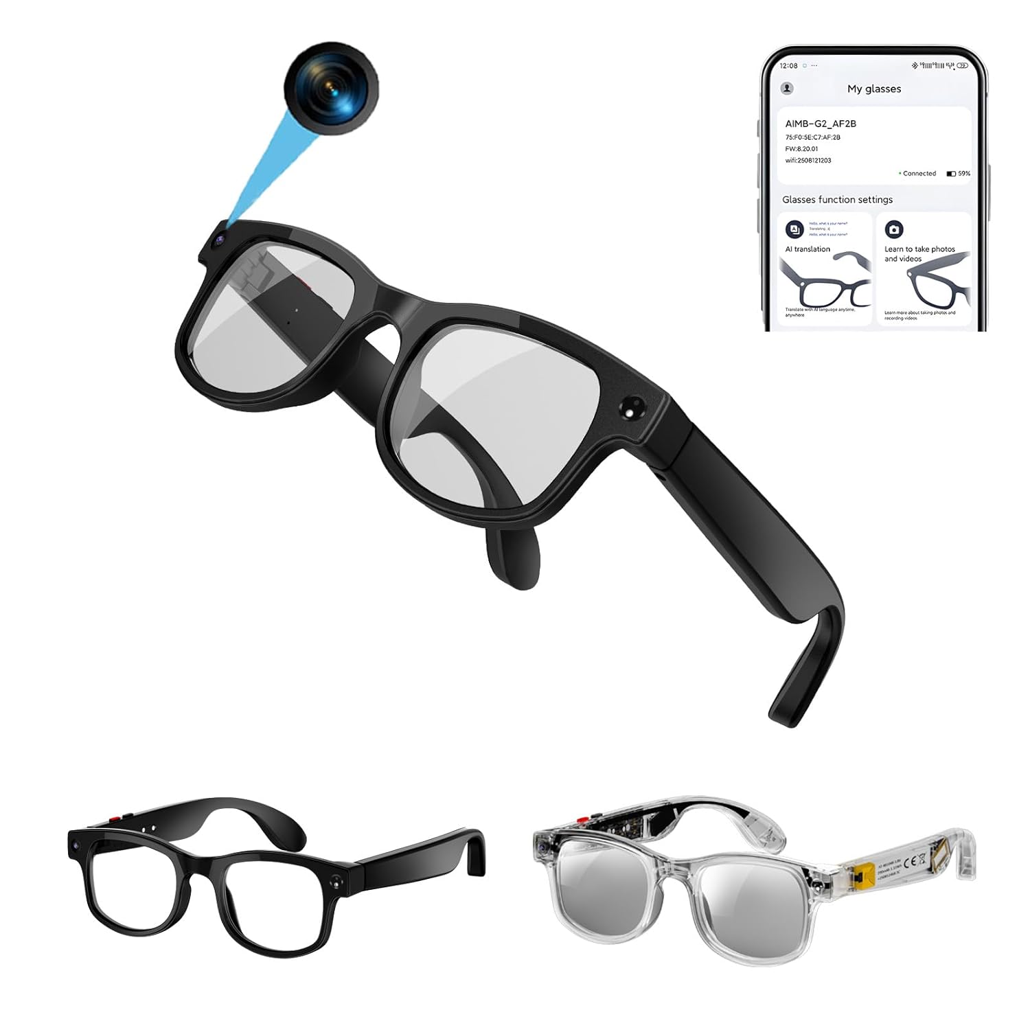 AI Smart Glasses with Camera and Multi-Language Real-Time Translator Anti-shake 1200P HD Hands-Free Video Recording Bluetooth Audio Noise