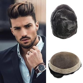 Men Toupee Fine Mono & PU Mens Wig Durable Capillary Prosthesis Natural Hair Replacement System Male Wig 130 Percent Density 1B# Straight,6x8 Inch