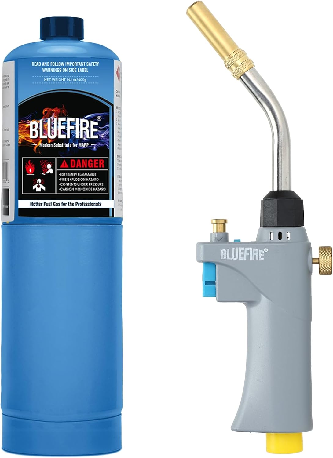 BLUEFIRE BTS-8090 Auto ON/OFF Trigger Start Heavy Duty Gas Welding Torch Head Adjustable Swirl Flame Hand Hold Portable Fuel by MAPP,MAP Pro,Propane 1lb Bottle Tank (Torch Kit/w Propane)