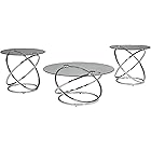 Signature Design by Ashley Hollynyx Contemporary Round 3-Piece Occasional Table Set, Includes Coffee Table and 2 End Tables, Chrome
