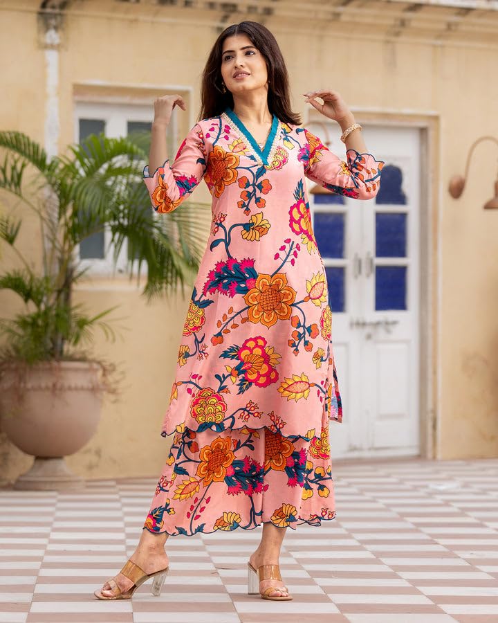 Image of LookMark Women Cotton Blend Kurta Set: Your Passport To Effortless Chic! Step Into Ethnic Glamour With Our Printed Kurti Pant Sets!