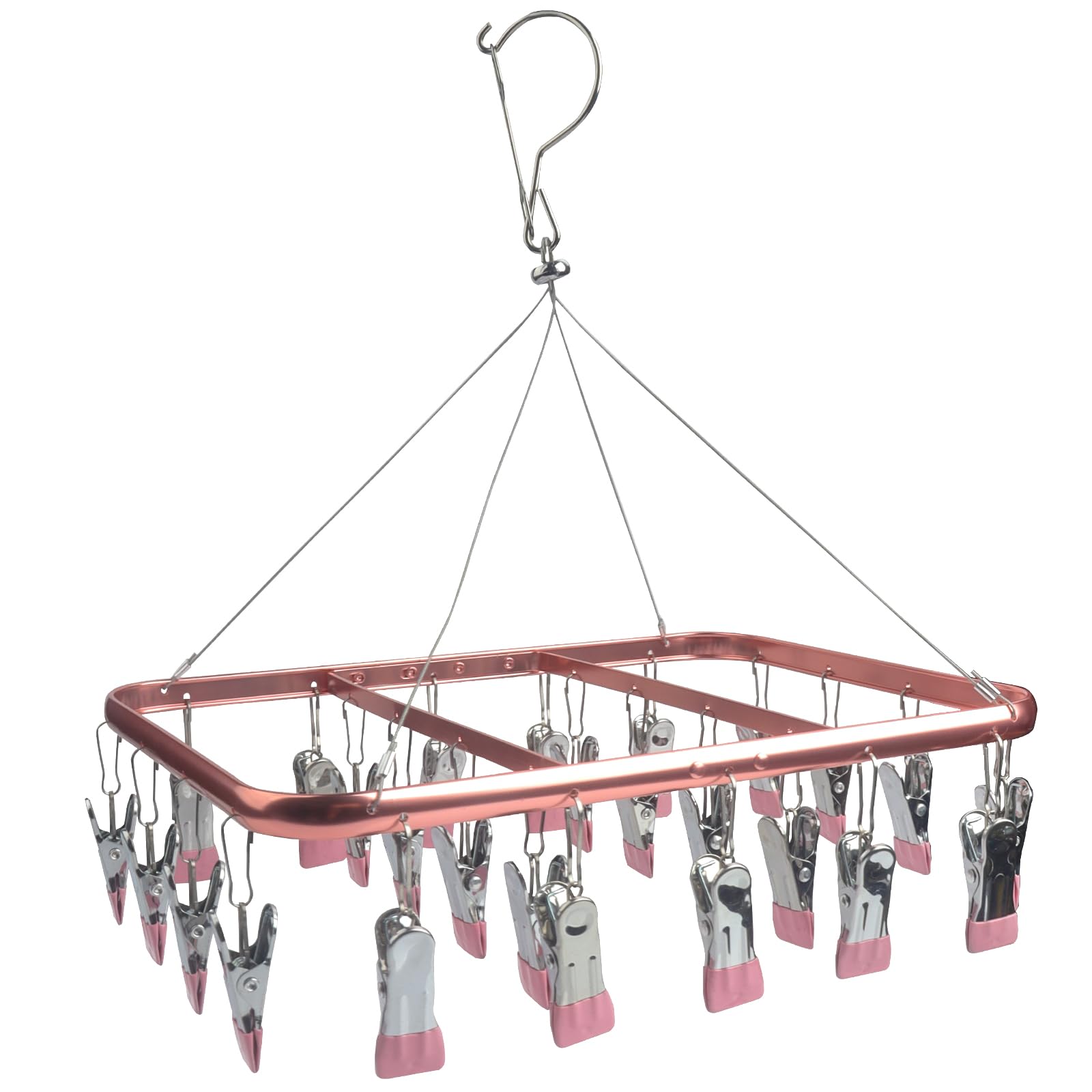 Roellgs Sock Dryer, Aluminum 32 Pegs Sock Hanger for Washing Line, Clothes Drying Rack with Windproof Hook, Hanging Clothes Airer for Socks, Underwear, Baby Clothes & Hats (pink)