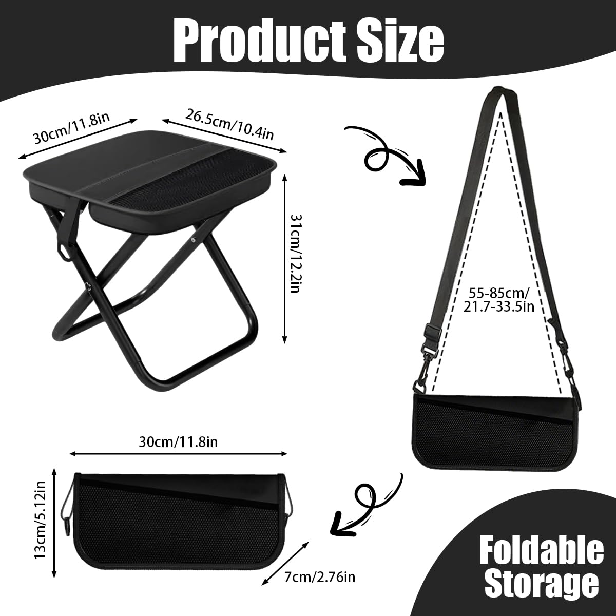 Sedia Pieghevole Portatile, Mini Sedia Pieghevole per Esterni con Tracolla e Sacchetto a Rete, Sgabello Pieghevole da Campeggio per Viaggi Escursionismo Giardino Pesca Barbecue (Black)