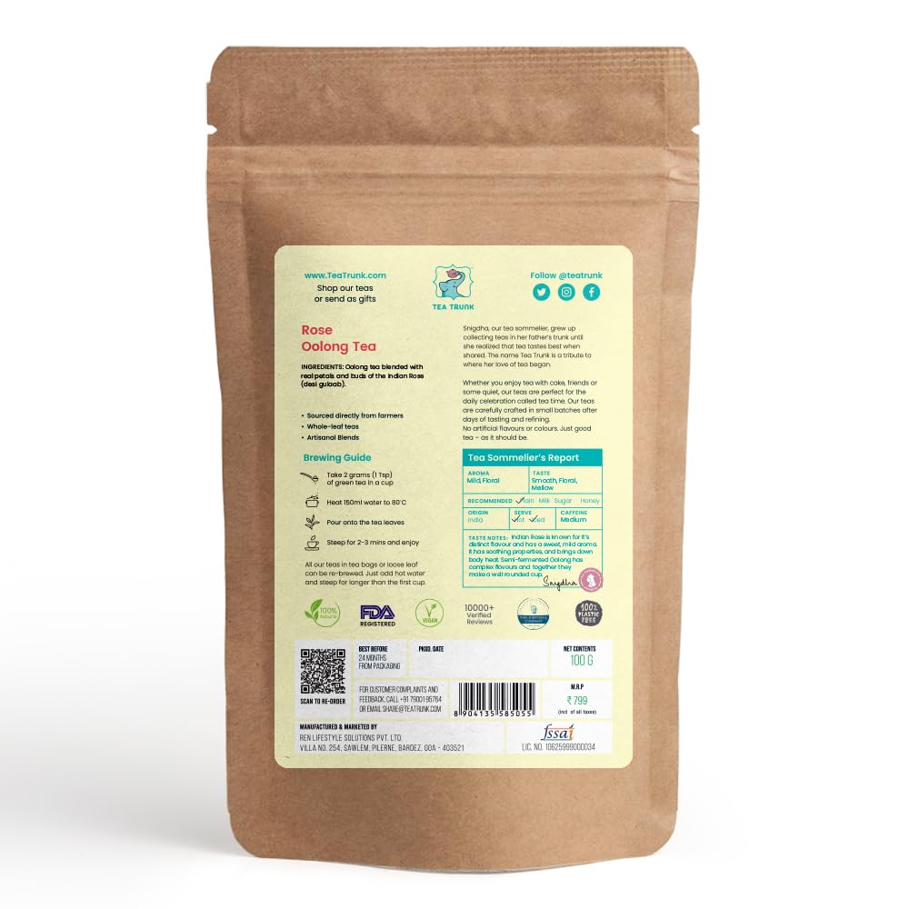 Tea Trunk Darjeeling Rose Oolong Tea | Whole Leaf Darjeeling Tea with Indian Rose (Gulab) Petals | Fresh & Flavourful | Improved Skin Health | Serve as Hot or Iced - 100 grams - Image 2 thumbnail