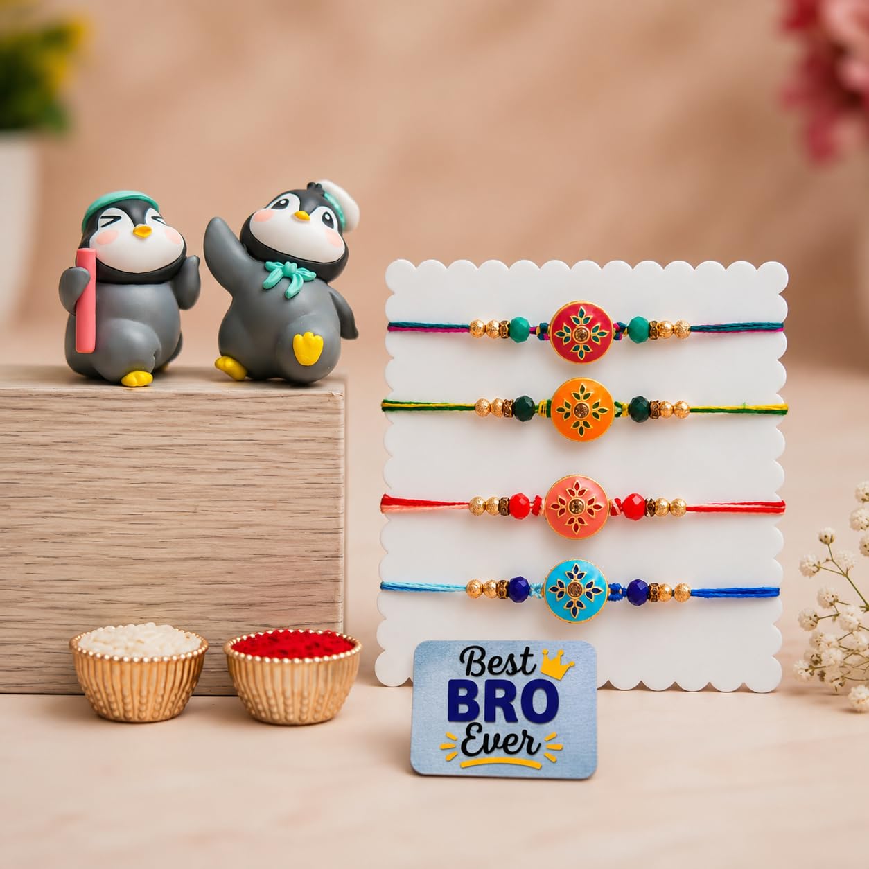 eCraftIndia Rakhi Gift Set for Brother | Set of 4 Designer Floral Rakhis with Decorative Showpieces & Best Bro Ever Fridge Magnet | Premium Raksha Bandhan Gift Hamper for Bhai