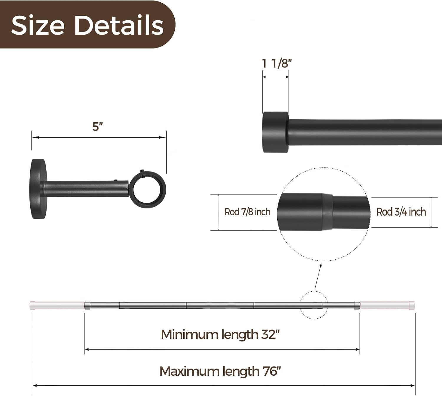 ChadMade Adjustable Curtain Rods for Windows 32-76 Inch, Heavy Duty 1 Inch Curtain Rod for Living Room Windows, Carbon Steel Curtain Rod Set (Black, 32-76")