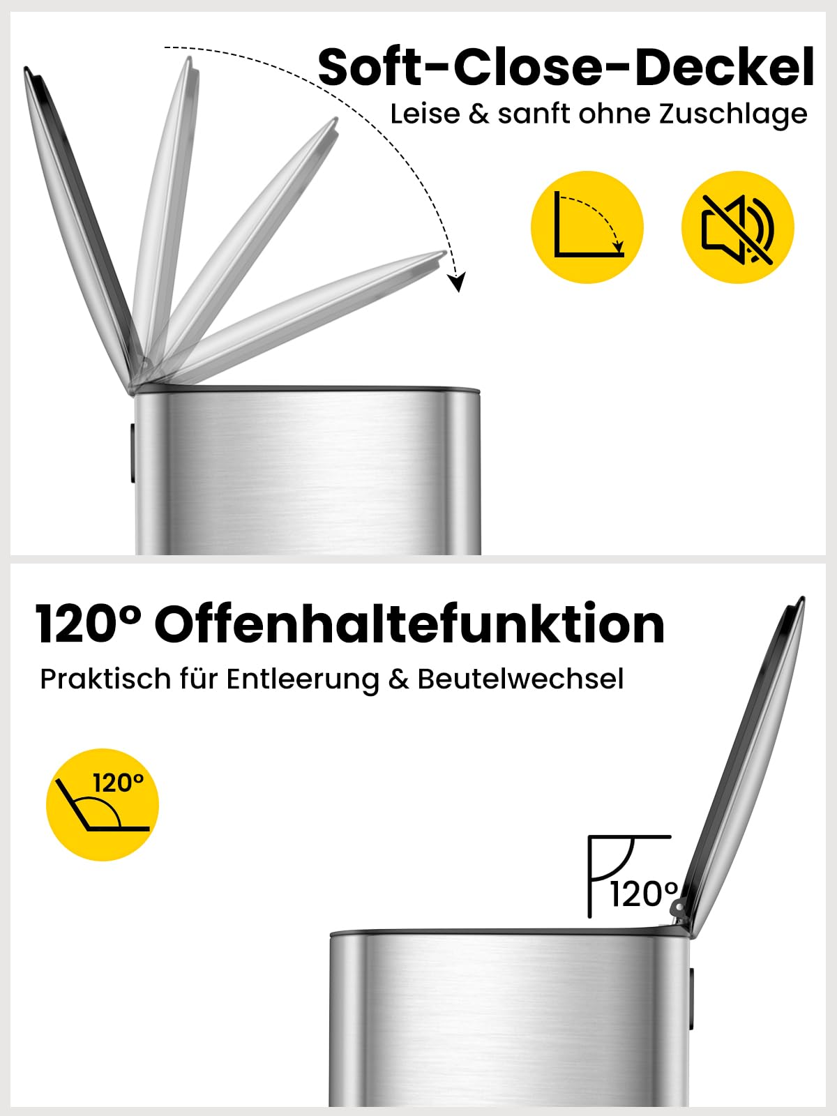 YEAUPE PRO Mülleimer Küche Edelstahl, Treteimer mit Fußpedal, Mülleimer mit Inneneimer, Abfalleimer Soft Close Deckel,Küchenabfalleimer für Mülltrennung inkl.15 Müllbeutel (50L Silber)