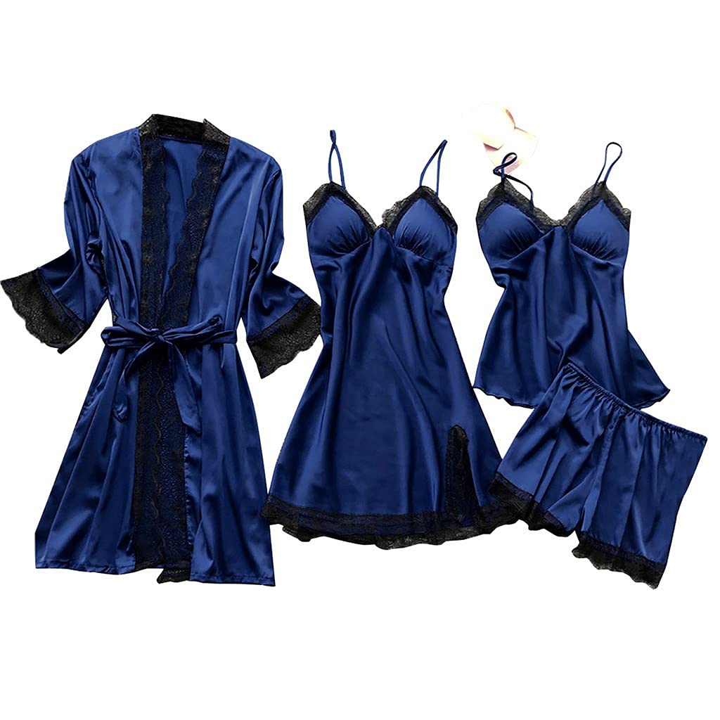 AMDOLE Pyjama pour Femme Imitation Soie Pyjama Ensemble de Quatre Pièces Couleur Pure Dentelle Sexy Grande Taille Chic Elegant Pyjama
