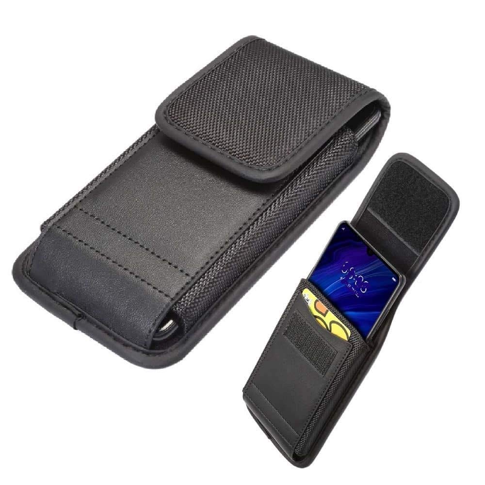 Custodia Cintura con Porta Carte in Pelle e Nylon Verticale per Oppo Realme Narzo (2020) - Nero
