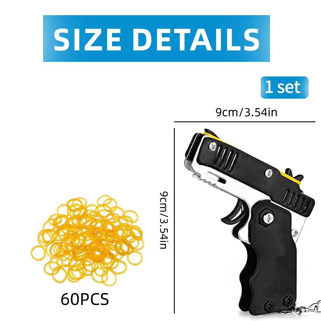 Pistolet gumowy – 1 szt. mini pistolet gumowy z metalu, składany, 6 strzałów z breloczkiem do kluczy i 60 gumowymi taśmami, metalowy składany brelok do kluczy do aktywności na świeżym powietrzu
