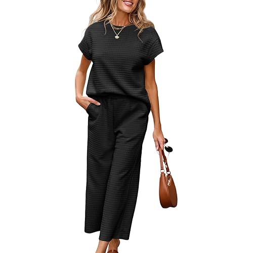 SHEWIN Womens Two Piece Spring Outfits Sweatsuits Casual Pullover Tops and Wide Leg Sweatpant Lounge Sets