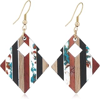 Boho Turquoise Earrings for Women, Reclaimed Wood and Recycled Turquoise...